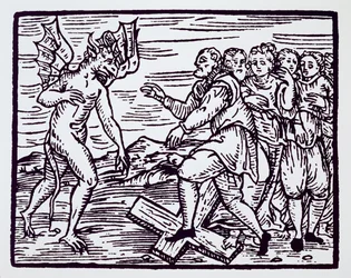 Brujo que reniega de Cristo, copia de una ilustración del Compendium Maleticarum del padre M. Guaccius, Milán 1608, utilizada en Historia de la magia, publicada a finales del siglo XIX