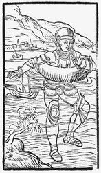 Hombre con un aro salvavidas, ilustración de Historia de Gentibus Septentrionalibus por Olaus Magnus, publicado en Roma, 1555