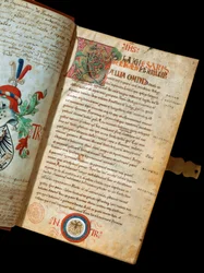Manuscrito "Comentarios sobre la Guerra de las Galias" de Julio César (100-44 a.C.) (ms. 541) Blasón del humanista Niccolò Tranchedini, propietario del manuscrito. Siglo XIV. Biblioteca Riccardiana Nápoles