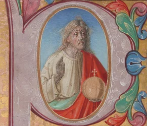 Iluminación de manuscrito con Salvator Mundi en una inicial P, de un libro de coro