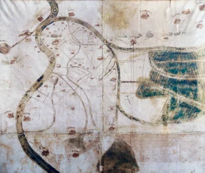 Mapa del territorio del monasterio de San Benedetto Po en la confluencia del Secchia y el Mincio en el Po, a la derecha áreas en recuperación y canales de drenaje, Italia