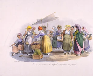 Escena de mercado en Nápoles, grabado, Italia