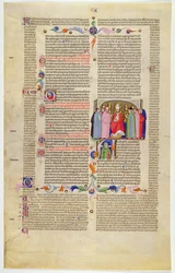 Marlay Cutting IT.10: Hoja con miniatura de Gratians Decretum mostrando al arzobispo entronizado entre clérigos y seglares
