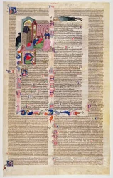 Marlay Cutting IT.11: Hoja con miniatura de Gratians Decretum mostrando a un monje predicando a una congregación de hombres y mujeres