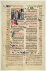 Marlay Cutting IT.7: Hoja con miniatura de Gratians Decretum mostrando el caso del abad hecho obispo