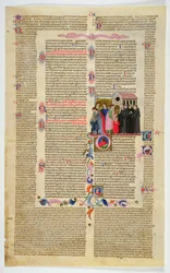 Marlay Cutting IT.9: Hoja con miniatura de Gratians Decretum mostrando a dos niños llevados a un monasterio por sus padres