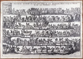 Mascarada: procesión y danza de personas enmascaradas con motivo del carnaval. Milán 20/02/1764 Grabado del siglo XVIII
