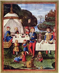 Maximiliano Sforza de niño comiendo en el jardín, ilustración de un ejemplar de "Ars grammatica" (velum)