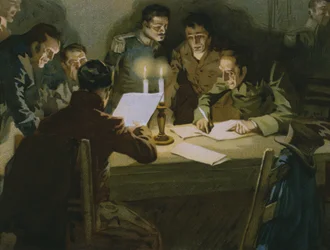 Reunión de los primeros partisanos resistiendo a los ocupantes, nacimiento de los Carbonari, ilustración de un álbum sobre la historia del Risorgimento hecho para el chocolate Talmone, finales del siglo XIX (cromolitografía)