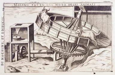 Molino movido por animales, grabado Italia