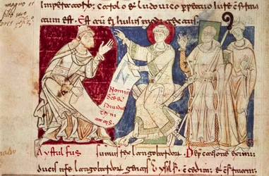 Miniatura del Chronicon Vulturnense, códice iluminado compuesto por el monje Iohannes, ca 1130, Italia