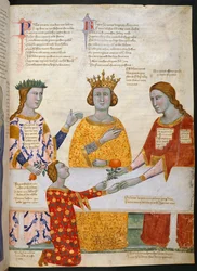 Miniatura del Juicio de París, con Palas Atenea, Juno y Venus sentados en una mesa, y París dando una rama de olivo a Venus, ilustración de 