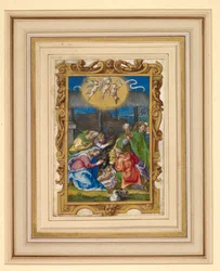Miniatura de la Natividad con la Sagrada Familia y pastores en un establo, con tres amorcillos con un rollo inscrito arriba y la anunciación a los pastores al fondo (vitela)