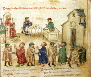 Modelo de conducta para los peregrinos - en «Croniche del Sercambi», hacia 1400. Archivo Estatal, Lucca.