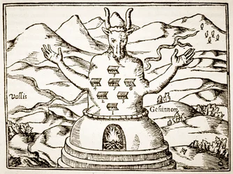 Moloch, copia de una ilustración de Oedipus Aegyptiacus por Athanasius Kirchner, Roma 1652, usado en una Historia de la Magia, publicado a finales del siglo XIX