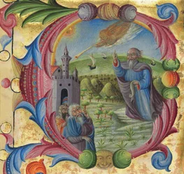 Moisés predicando a los israelitas, Siena, 2ª mitad del siglo XV (tinta sobre vitela)