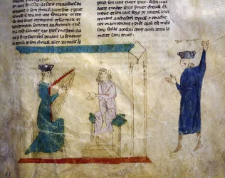 Ms.EST.59 fol.98r La hija del rey Faramont intenta seducir a Tristán, de La historia de Tristán