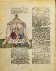 Sir Percival es tentado por una dama que le ofrece un banquete antes de seducirlo, de la Queste del Saint Graal, c.1380-85
