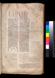Gregorio IX, Decretales con Aparato de Bernardo Botone de Parma, inicial [G] en rojo con decoración de penwork azul