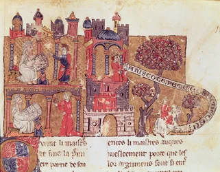 Aristóteles (384-322 a.C.) instruye a Alejandro Magno (356-323 a.C.) en la moral y el desprecio hacia las mujeres, de Le Livre du Tresor de Brunetto Latini (1220-94)
