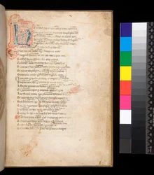 Ms 315. Horacio, Ars Poetica y Epistulae, f.1r. Inicial decorada [N] en relleno de cuadros azules y rojos y trabajo de pluma circundante en rojo
