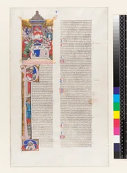 Ms 331 fol.1r Página de texto con una inicial historiada P y una miniatura que representa a un cardenal entronizado, del Libro V de las Decretales de Gregorio IX, de Bolonia, c.1350