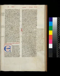 Ms 342. César, Opera, f.38r. Inicial [E] en azul con decoración de pluma en rojo