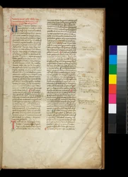 Ms 361. Valerio Máximo, Factorum et Dictorum Memorabilium Libri, f.2r. Ejemplo de una escritura gótica semi-cuadrada redondeada, e iniciales coloreadas con decoración de pluma contrastante