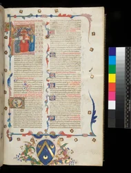 Ms 390. Séneca el Joven, Opera, y Séneca el Viejo, Excerpta controversiarum, f.1r. Página inicial con inicial historiada [L] con Jerónimo, San Pablo y Séneca, Veneto