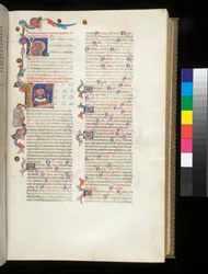 Ms 390. Séneca el Joven, Opera, y Séneca el Viejo, Excerpta controversiarum, f.95r. Inicial habitada [L], con retrato de Séneca señalando la Rueda de la Fortuna y una figura masculina abatida en el borde