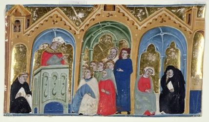 Ms. 400-2000: Miniatura de Gratians Decretum mostrando a un obispo predicando a una congregación, c.1325-30