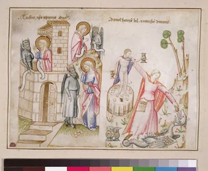 Ms 43-1950 (5v) Tentación de Cristo, Daniel destruyendo a Bel, del Speculum Humanae Salvationis