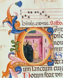 Ms 559 f.176f Inicial historiada C que representa a monjes mirando un texto, del Salterio de Santa Maria Novella, iluminado por Paolo Soldini (fl.1342-86) 1379