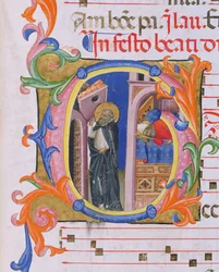 Ms 559 f.298v Inicial historiada G que representa a San Domingo sosteniendo la Iglesia y el sueño del Papa Honorio III (1216-27) del Salterio H de San Marco e Cenacoli