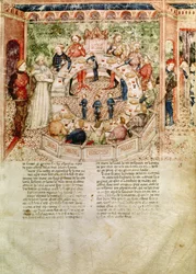 Ms Fr 343 fol.3 Sir Galahad es bienvenido a la Mesa Redonda, de la Queste del Saint Graal, c.1380-85