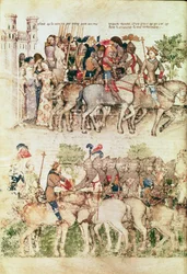 Arturo y sus caballeros partiendo en la búsqueda del Santo Grial, de la Queste del Saint Graal, c.1380-85