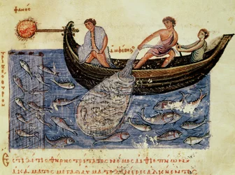 Ms Grec 479 Pesca con red, ilustración de la Halieutica de Oppian