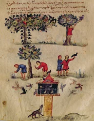 Caza de aves, ilustración probablemente del Ixeutika de Oppian