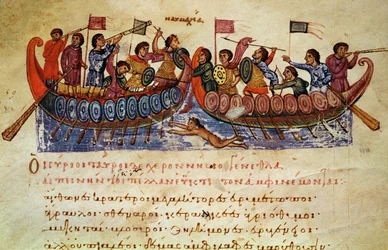 Ms Grec 479 Combate naval entre dos barcos, ilustración de la Halieutica o la Cynegetica de Oppian