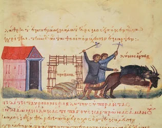Ms Grec 479 Pastores persiguiendo lobos, ilustración de la Cynegetica de Oppian