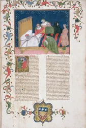 Ms Hunter 6 f.1r Un hombre haciendo su testamento, de la "Lectura super Infortiato" de Bartoli de Saxoferrato (1314-57) (vitela)