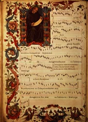 Sra. Med. Pal. 87 Página de notación musical con inicial historiada, del códice Squarcialupi, producido en el monasterio florentino de S. Maria degli Angeli (vitela)