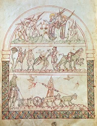 Ms. Plut. 12.17, c. 1b, La ciudad terrenal con las dificultades y desgracias de la humanidad y el juicio de un alma, de La Ciudad de Dios de San Agustín, siglo XI-XII