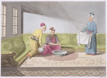 Musulmán Realizando sus Abluciones, lámina 34 de la Parte III, Volumen I de La Historia de las Naciones, grabado por V. Raineri (aguafuerte)