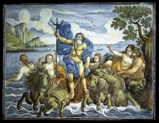 Neptuno en su carroza y con un tridente. Placa rectangular, decoración de gran fuego policromado, hecha en Castelli, Italia
