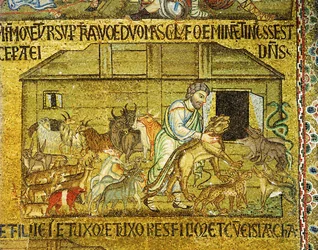 Noé ayuda a parejas de animales a entrar en el Arca ... (mosaico)