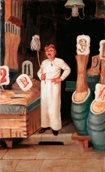 Antiguo oficio: la tienda del vendedor de pasta. Temple anónimo. Siglo XIX, Museo Nazionale delle Paste Alimentari, Fondazione Agnesi, Roma