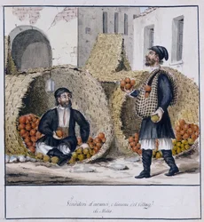 Vendedores de naranjas y limones de Milis en Cerdeña, impreso ms.258, Colección Luzzetti