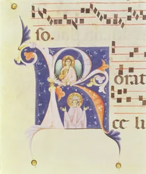P 23 V Inicial historiada "R" que representa un ángel y una santa (vitela)