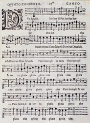 Página de la partitura musical del Concierto 5 en "Canzoni alla francese" de Adriano Banchieri